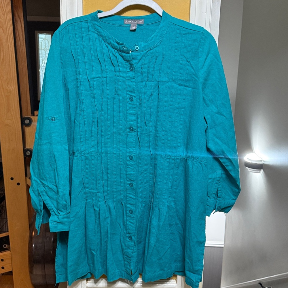 Jessica London 18W Turquoise Linen Blend Button Front Tunic Blouse Roll Tab Slee